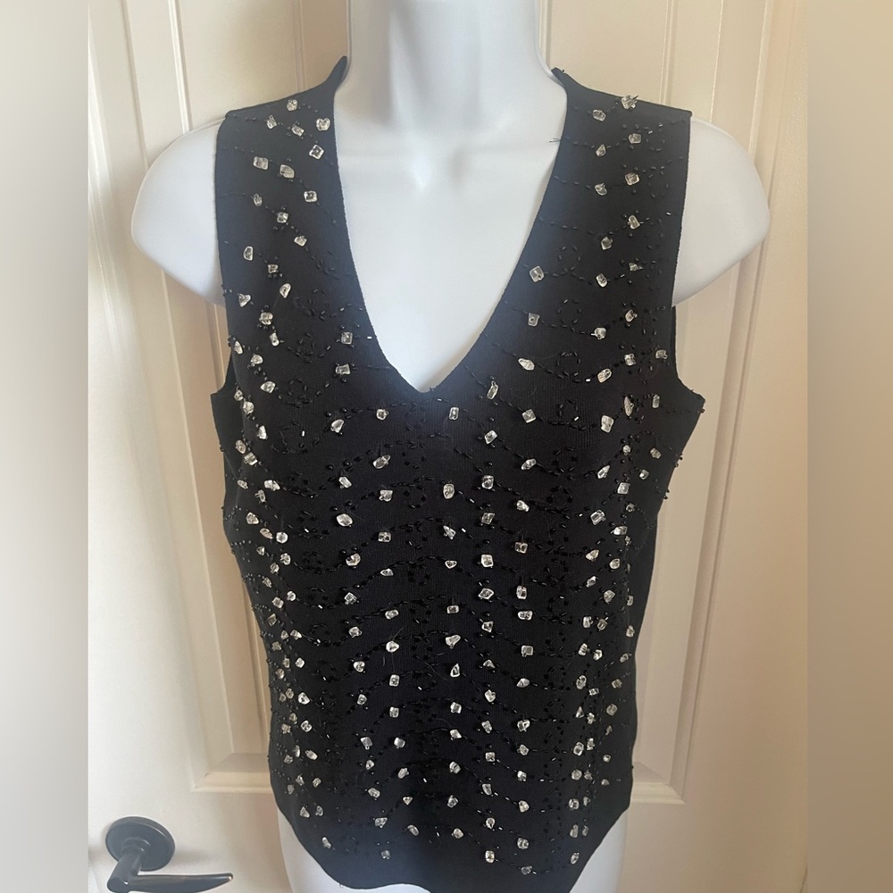 J.A.C. Vintage Black V-neck Silk Blend Sleeveless Top W/Bugle Beads & Crystals M